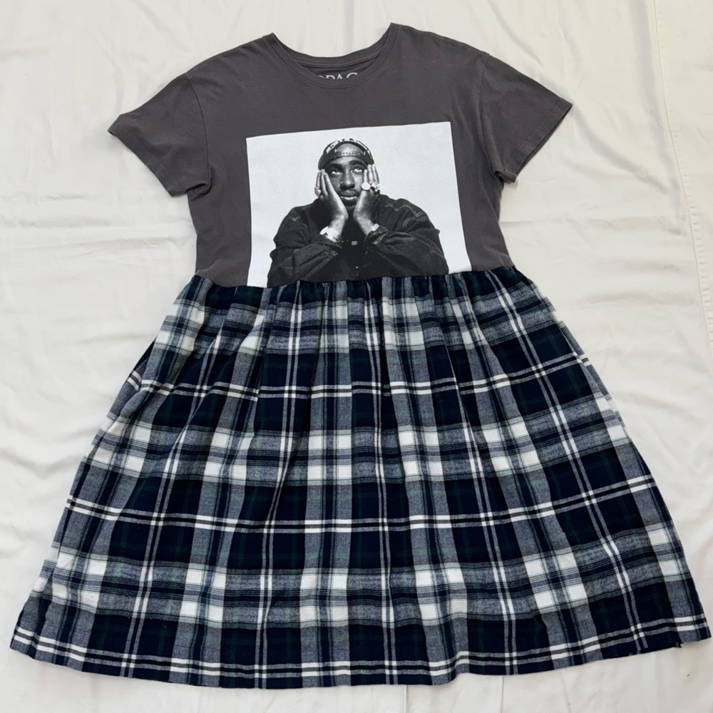 TuPac Gray Graphic T-Shirt Dress with Plaid Skirt